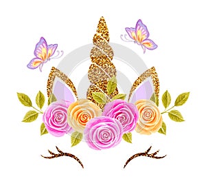 Fabulous cute unicorn and butterflies with golden gilded horn and beautiful roses flowers wreath isolated on white background