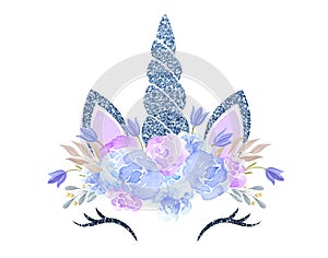 Fabulous cute unicorn with glittering blue horn and roses flowers, bluebells wreath isolated on white background