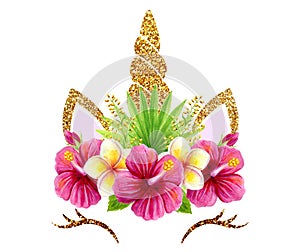 Fabulous cute unicorn with golden gilded horn and beautiful tropical flowers wreath isolated on white background