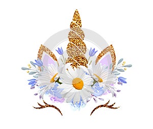 Fabulous cute Unicorn with golden horn and daisy, bluebells flowers wreath isolated on white background