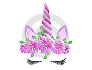 Fabulous cute unicorn with purple horn and violet flowers wreath isolated on white background. Fairy unicorn princess girl for