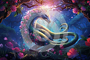 Fabulous dragon snake with white flowers as a symbol of power of love