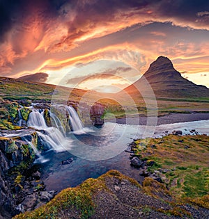 Fabulous evening view of popular tourast destination - Kirkjufellsfoss Waterfall.