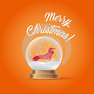 Fabulous glass ball with happy dog. Congratulations with Merry Christmas. Xmas card. Vector Illustration