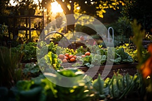 Fabulous green vegetable garden with beds of cabbage, pumpkin, lettuce, parsley and other vegetables in the sunshine at