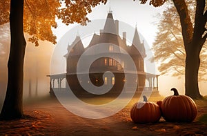 Fabulous Halloween backdrop: a castle-house surrounded by pumpkins, obscured by thick fogs