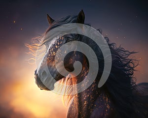 A fabulous horse in the sunset. Generative AI