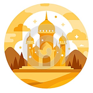 Fabulous Magic solemn golden background with elements of landscape and architecture ai rendering.