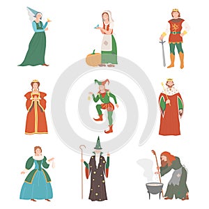 Fabulous Medieval Character from Fairytale with Cinderella and Fairy Vector Set