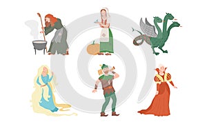 Fabulous Medieval Character from Fairytale with Cinderella and Robin Hood Vector Set