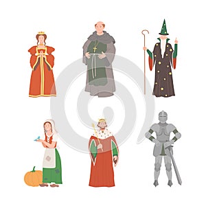 Fabulous Medieval Character from Fairytale with Cinderella with Shoe, King and Queen with Crown, Knight, Monk and Wizard