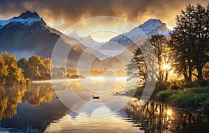 Fabulous misty morning scene of nature. View of Forest lake in highland with rocky peak on background. Amazing natural summer