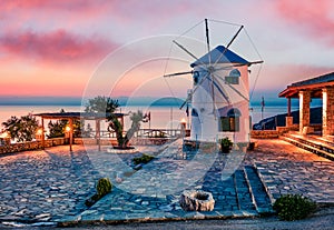 Fabulous morning scene on the Windmill. Colorful spring sunrise on the Zakynthos island, Korithi location, Ionian Sea, Greece,