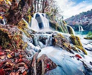 Fabulous morning view of pure water waterfall in Plitvice National Park. Exotic autumn scene of Croatia, Europe. Beauty of nature