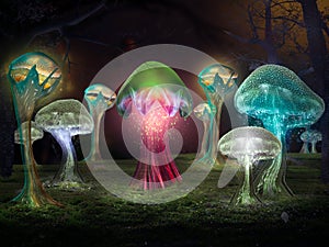 Fabulous mystical mushrooms in the forest
