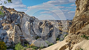 Fabulous natural volcanic tuff formation with cave rock houses in Open-air Museum Goreme,Cappadocia valley,Turkey