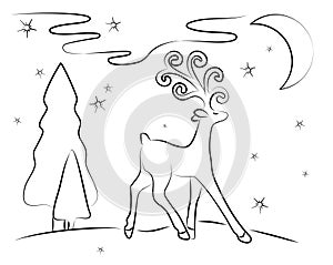 On fabulous night, magical deer walks through forest. Merry christmas and happy new year postcard