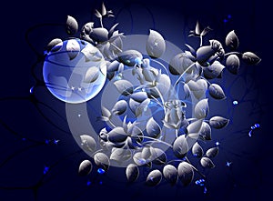 Fabulous night monochrome abstract floral arrangement in a cool blue colours with a full moon. EPS10 vector illustration