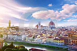 A fabulous panoramic view of Florence from Michelangelo Square. It is a pilgrimage of tourists and romantics. Duomo Cathedral