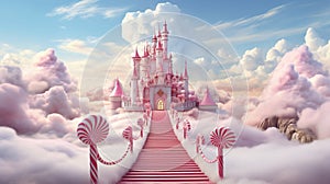 Fabulous pink castle with candy track, flowers and cotton clouds