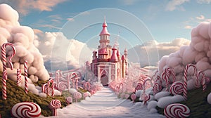 Fabulous pink castle with candy track, flowers and cotton clouds