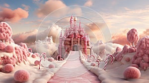 Fabulous pink castle with candy track, flowers and cotton clouds