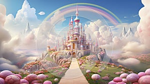 A fabulous pink castle with a path of lush flowers and cotton candy clouds