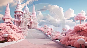 A fabulous pink castle with a path of lush flowers and cotton candy clouds