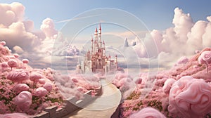 A fabulous pink castle with a path of lush flowers and cotton candy clouds