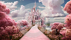 A fabulous pink castle with a path of lush flowers and cotton candy clouds