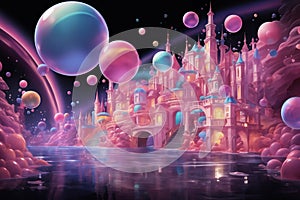 The fabulous pink palace is reflected in the water at night, colorful balls in the dark sky