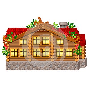 Fabulous royal wooden house isolated on white background. Vector cartoon close-up illustration.