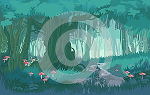 Fabulous shades of blue dusk forest jungle vector background forest with mushrooms