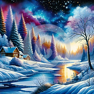 A fabulous snowy landscape of mountains, rivers, starry sky, little houses