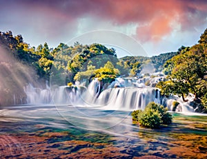 Fabulous summer view of powerful Skradinski Buk waterfall. Impressive morning scene of Krka National Park, Lozovac village locatio