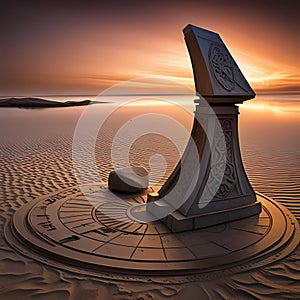 Fabulous sundial against the backdrop of sunset over the mountains