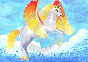 Fabulous unicorn - fire-breathing pegasus. Children`s drawing