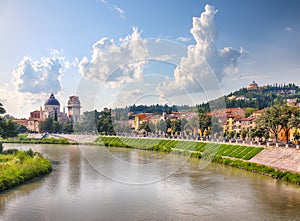 Fabulous Verona cityscape view on the riverside with historical buildings and towers