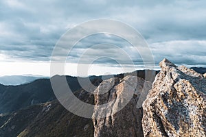 Fabulous view from Moro Rock at Sequoia National Park with a foggy mountains on background