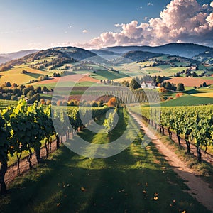 Fabulous vineyards landscape in South Styria near Gamlitz. Autumn scene of grape hills in popular travell destination