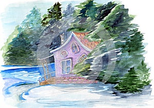 Fabulous watercolor hand drawn illustration with fairyhouse in winter forest. Mystery house surrounded by trees and water on the w
