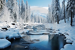 Fabulous winter landscape, a serene frozen river surrounded by coniferous forest