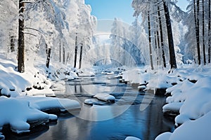 Fabulous winter landscape, a serene frozen river surrounded by coniferous forest