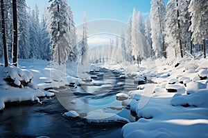 Fabulous winter landscape, a serene frozen river surrounded by coniferous forest