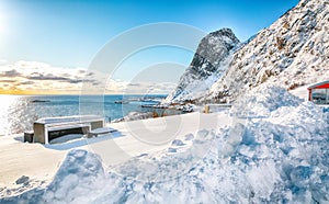 Fabulous winter view of Hamnoy village with Festheltinden peak seen from  Akkarvikodden Reststop