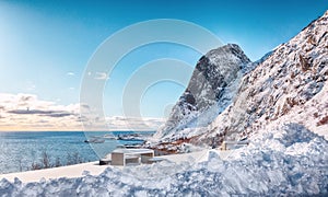 Fabulous winter view of Hamnoy village with Festheltinden peak seen from  Akkarvikodden Reststop