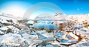 Fabulous winter view on Sundstraumen strait that separates Moskenesoya and Flakstadoya islands