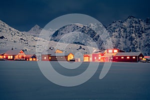 Fabulous winter view of Utakleiv village on Vestvagoy island. photo