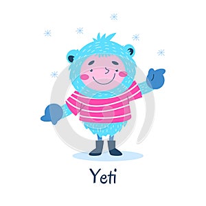 Fabulous Yeti monster in a red jacket waves a hairy paw