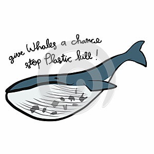 Give whales a chance stop plastic kill cartoon  illustration